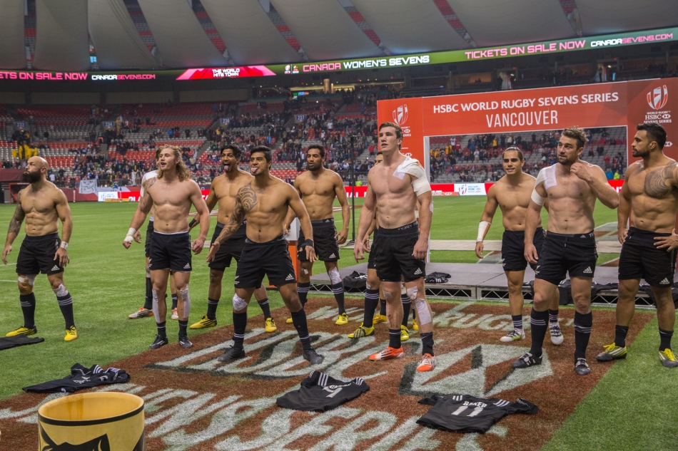 New Zealand 7s perform a post-match Haka at BC Place to celebrate their win in the HSBC Canada Sevens in Vancouver, Canada. © J. Ashley Nixon