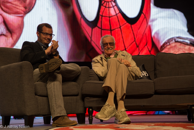 Host Dan O'Brien with Stan Lee on stage for a panel at the Calgary Expo 2016. © J. Ashley Nixon